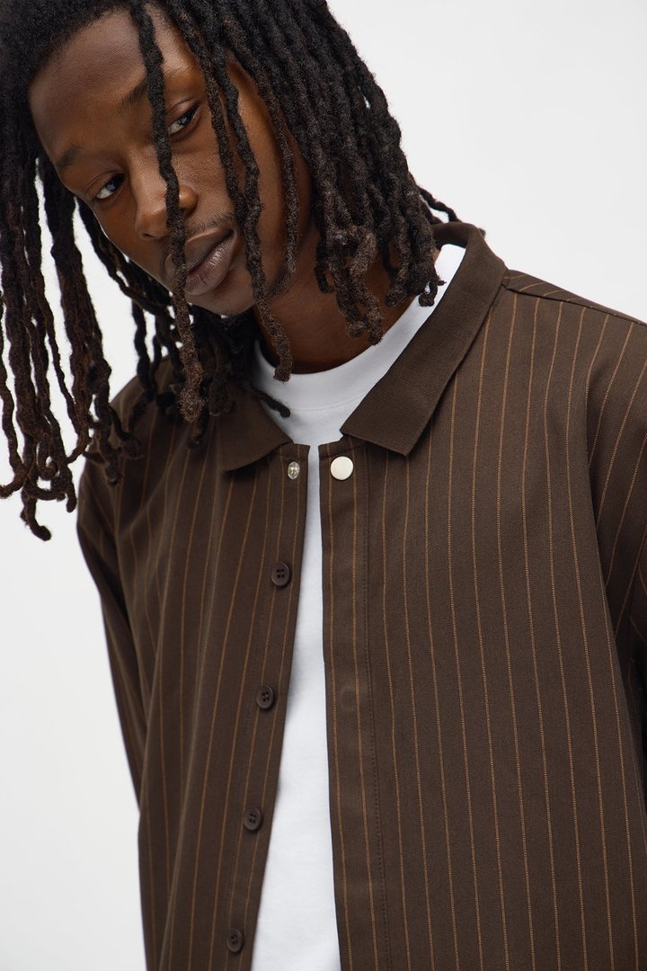Straight Striped Elevated Shirt Jacket - Brown