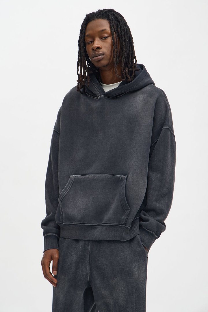 Acid Wash Oversized Heavyweight Hoodie - Black