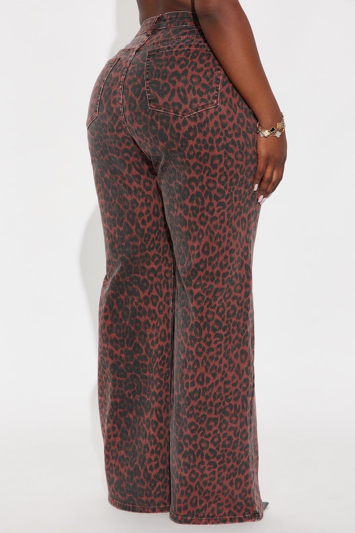 Fierce Attitude Leopard Print Wide Leg Jeans - Burgundy/combo