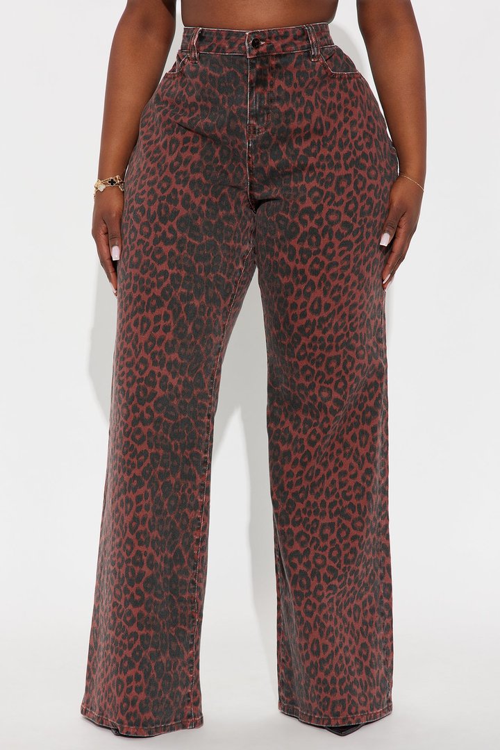 Fierce Attitude Leopard Print Wide Leg Jeans - Burgundy/combo
