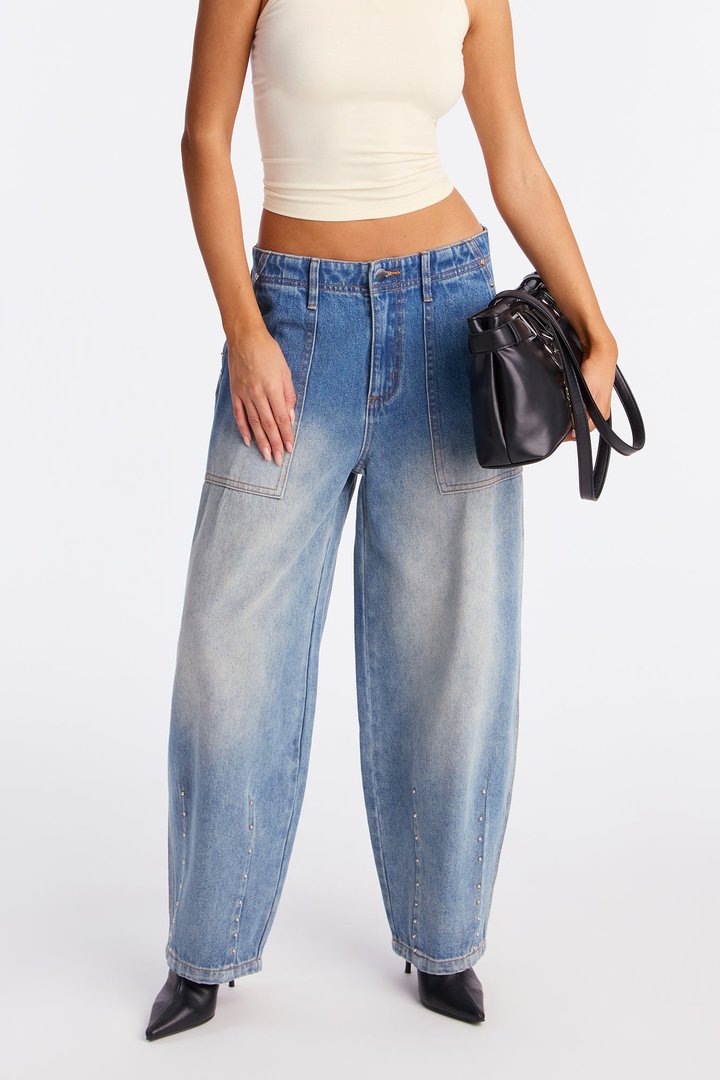 A Little Spark Studded Baggy Jeans - Medium Wash