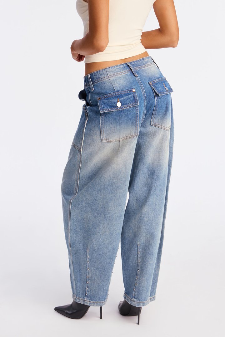 A Little Spark Studded Baggy Jeans - Medium Wash