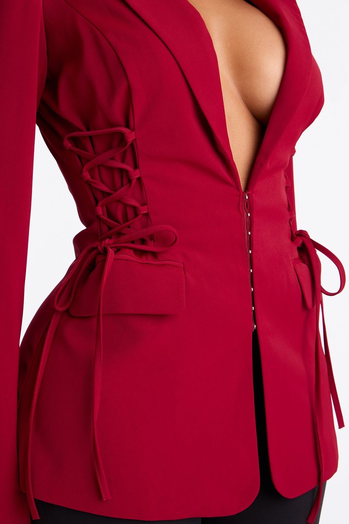 Cheyenne Crepe Woven Lace Up Blazer - Burgundy