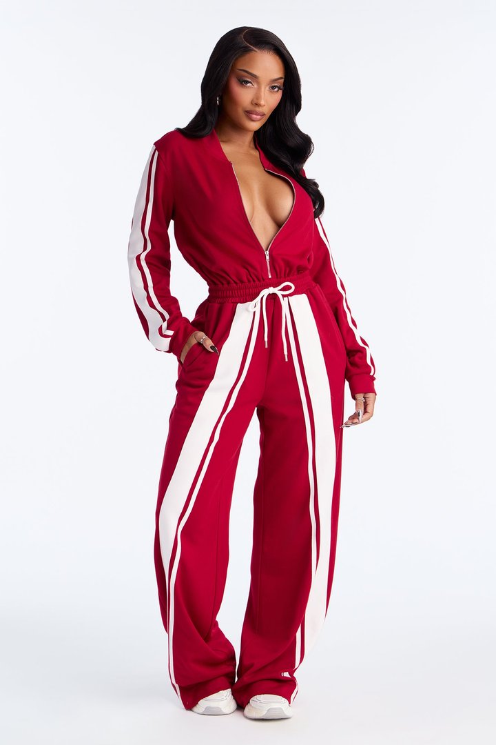 Sporty Vibe Long Sleeve Jumpsuit - Red