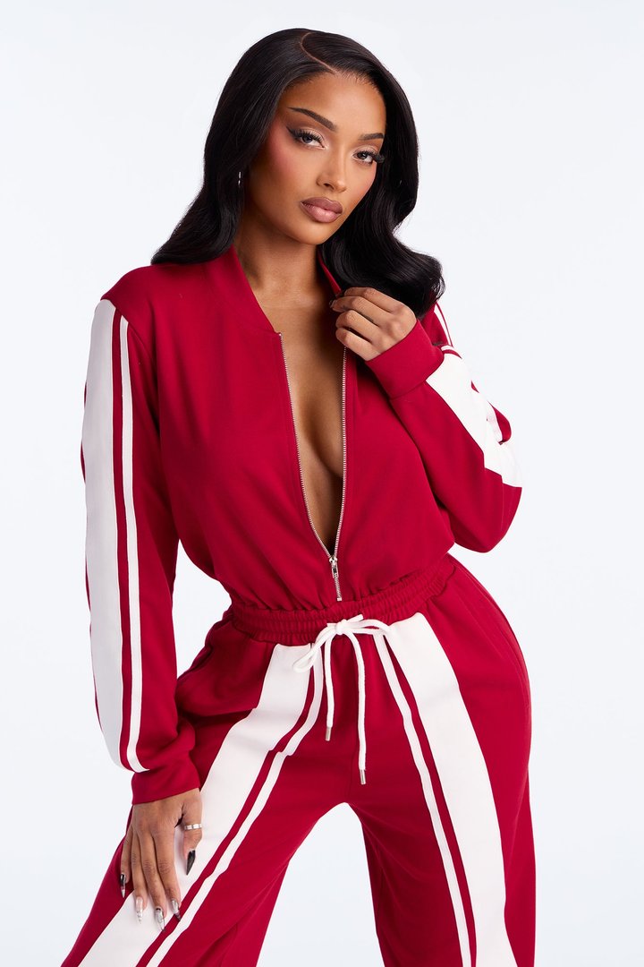 Sporty Vibe Long Sleeve Jumpsuit - Red