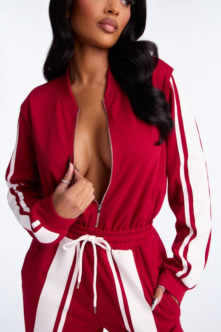 Sporty Vibe Long Sleeve Jumpsuit - Red