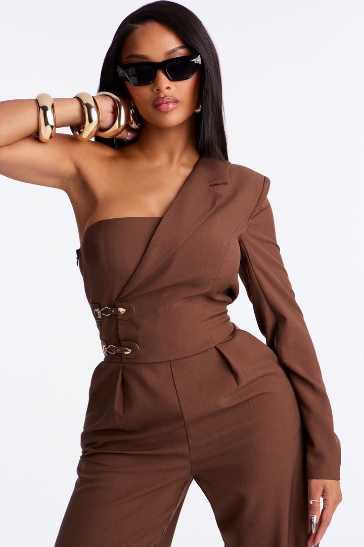 Makena Buckle One Shoulder Jumpsuit - Brown