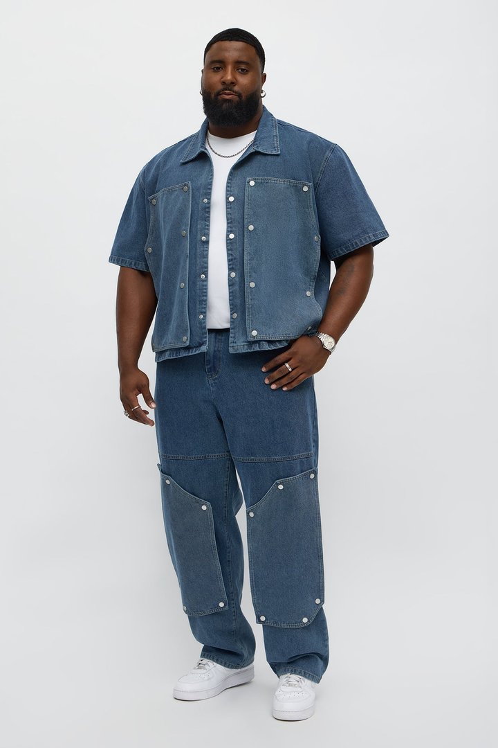 Boxy Utility Snap Panel Button Up Shirt - Dark Wash