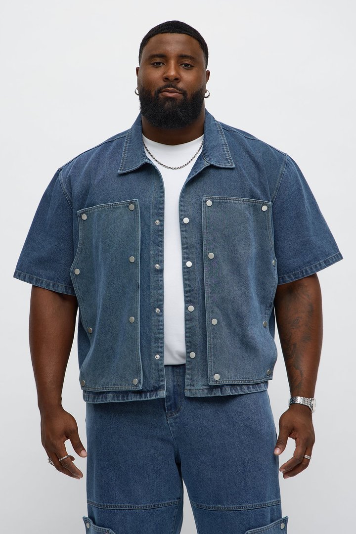 Boxy Utility Snap Panel Button Up Shirt - Dark Wash