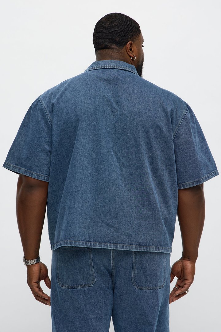 Boxy Utility Snap Panel Button Up Shirt - Dark Wash