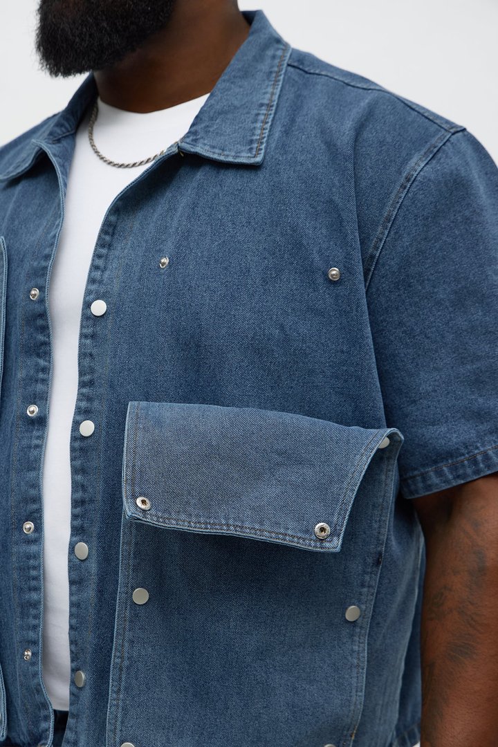 Boxy Utility Snap Panel Button Up Shirt - Dark Wash