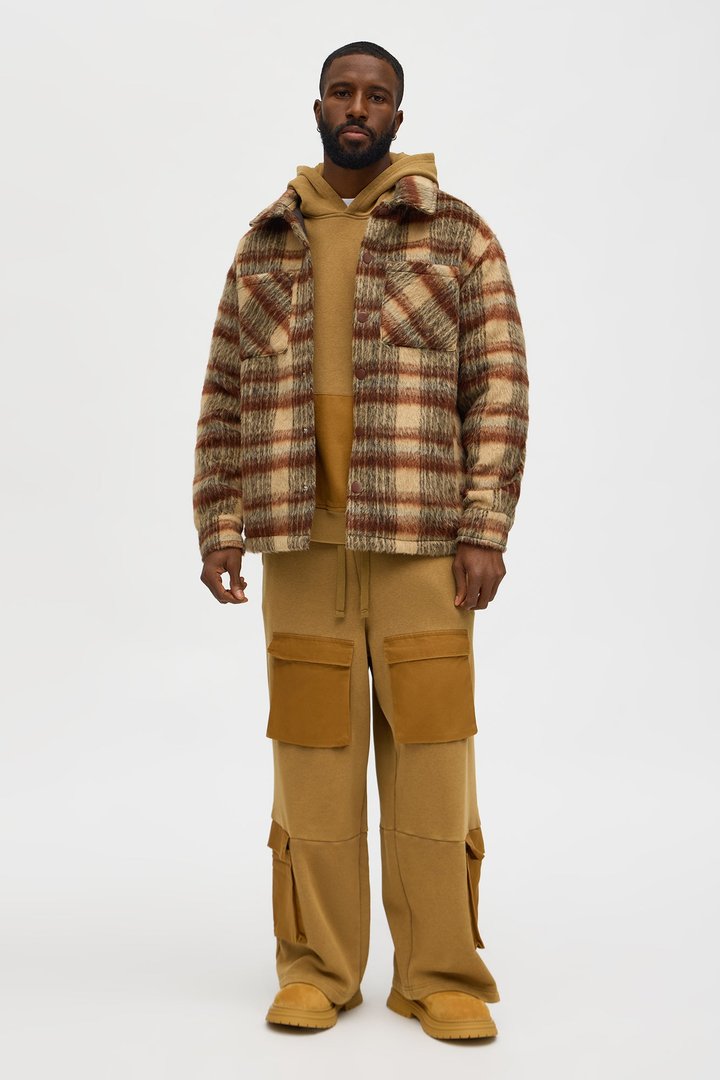 Relaxed Mohair Plaid Shacket - Brown