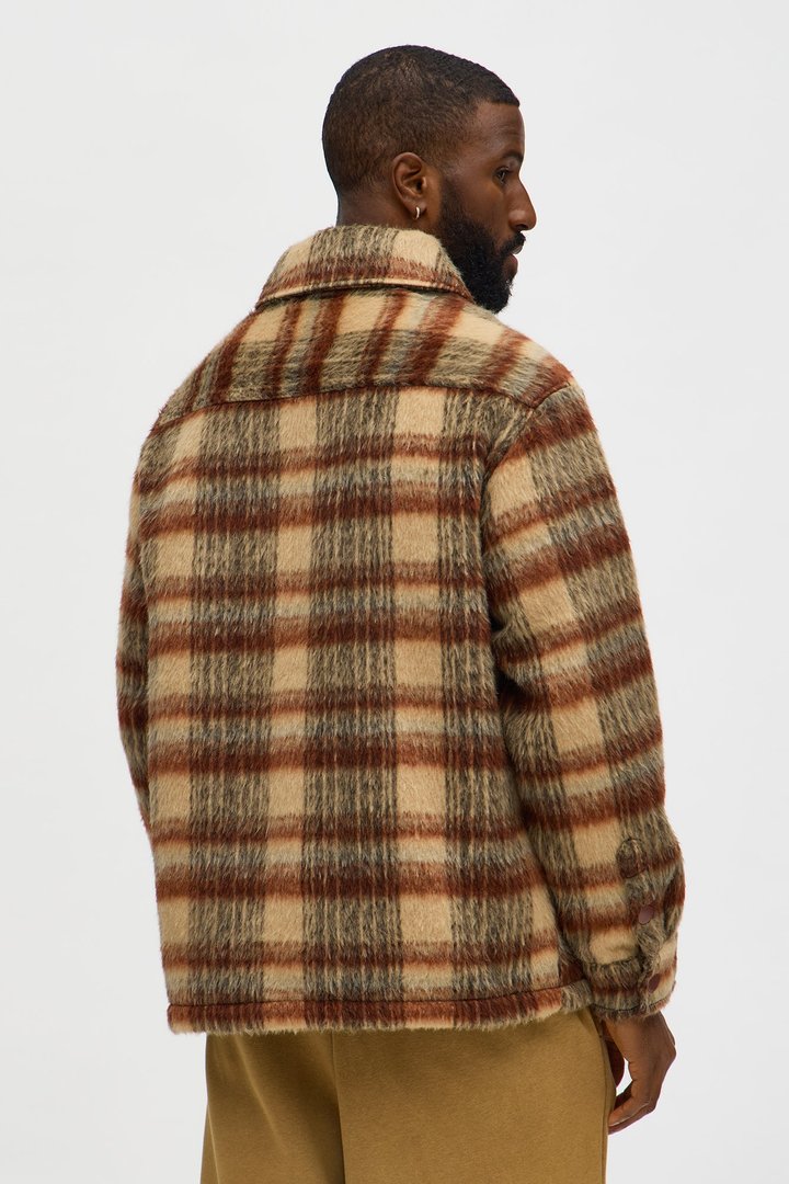 Relaxed Mohair Plaid Shacket - Brown