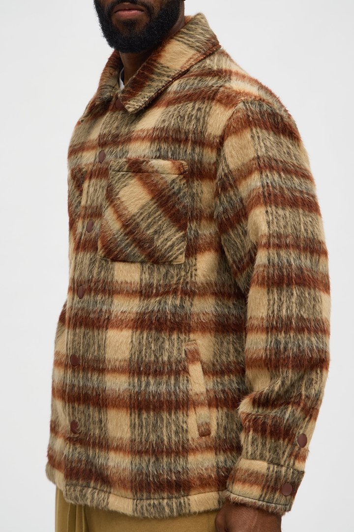 Relaxed Mohair Plaid Shacket - Brown