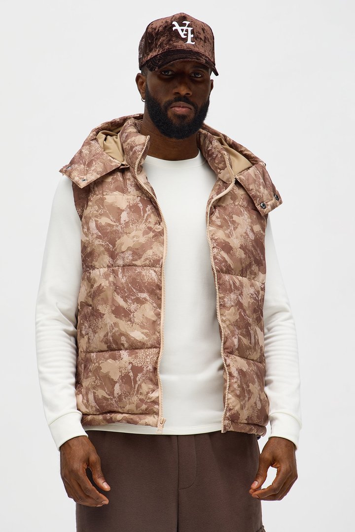Hooded Into The Trenches Puffer Vest - Brown