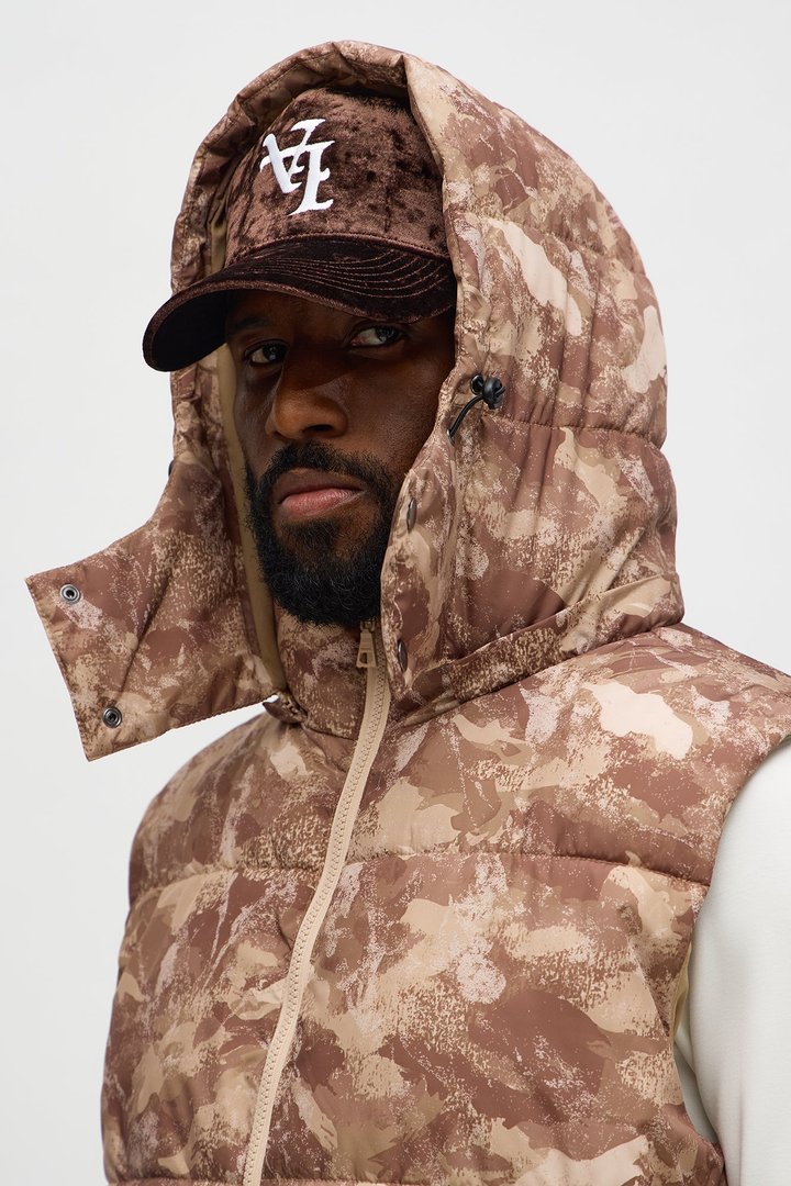 Hooded Into The Trenches Puffer Vest - Brown