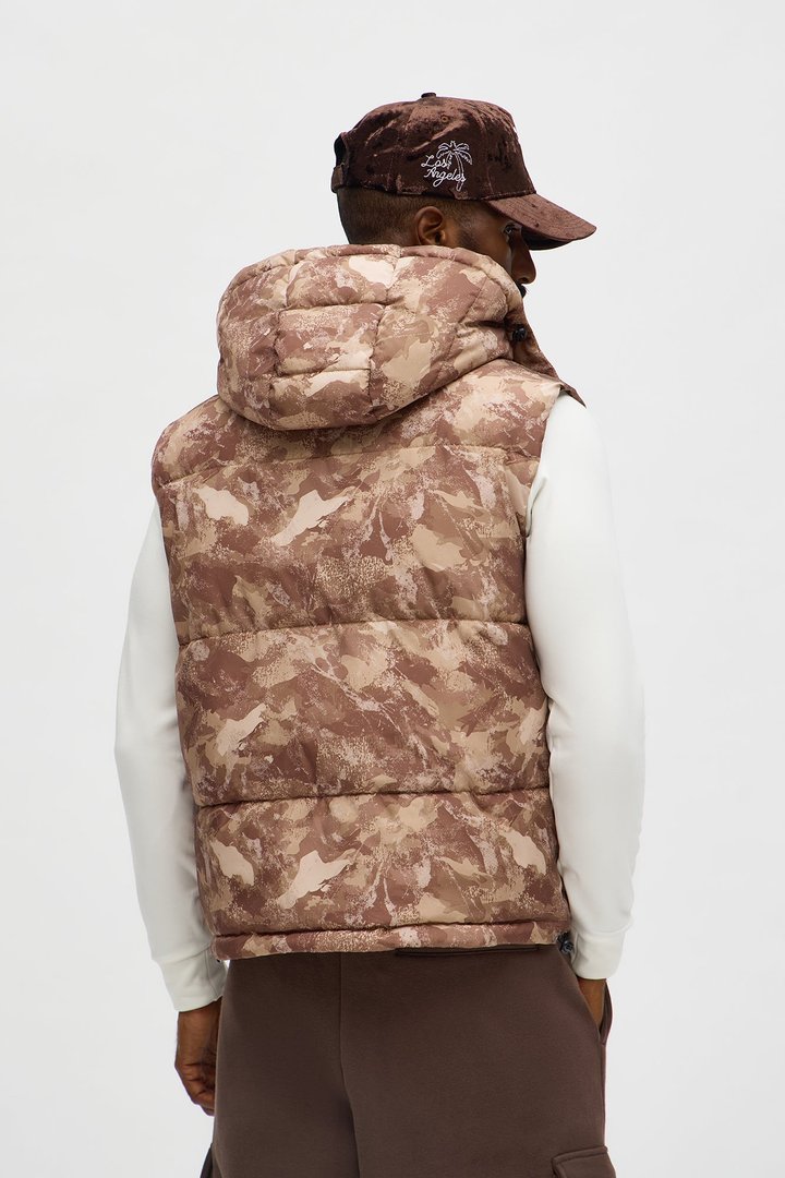 Hooded Into The Trenches Puffer Vest - Brown