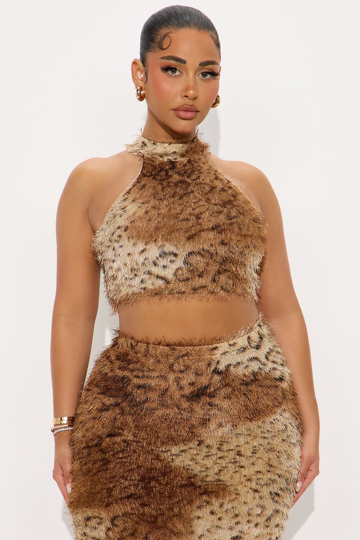 Feel Your Essence Textured Animal Print Halter Maxi Skirt Set - Brown/combo