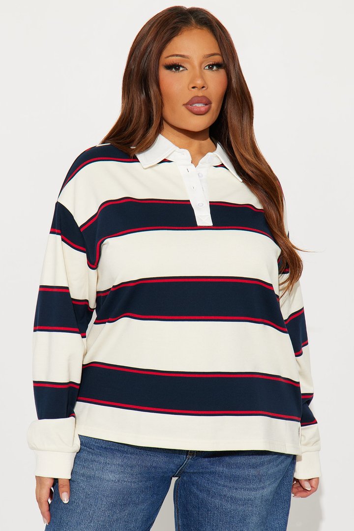 East Coast Rugby Stripe Polo Top - Cream/combo