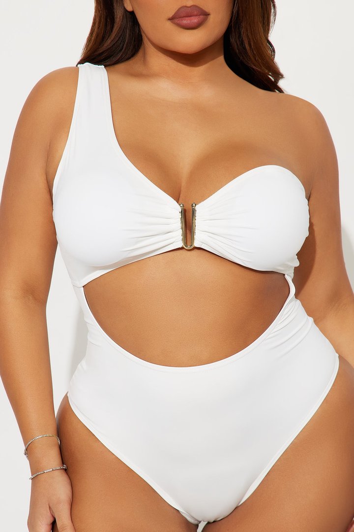 Miami Mami One Shoulder V Hardware Cutout 1 Piece Swimsuit - White