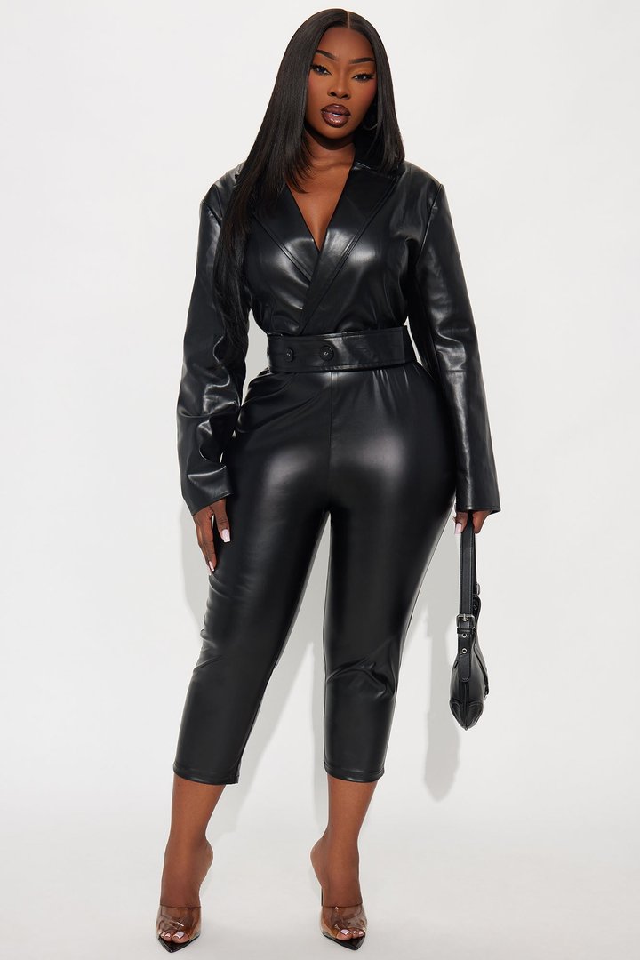 Kiana Faux Leather Capri Jumpsuit - Black