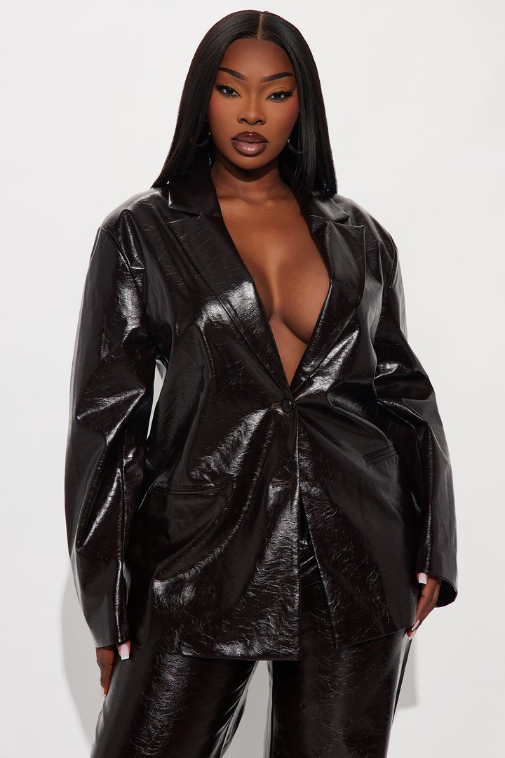 Catalina Faux Patent Leather Blazer - Chocolate