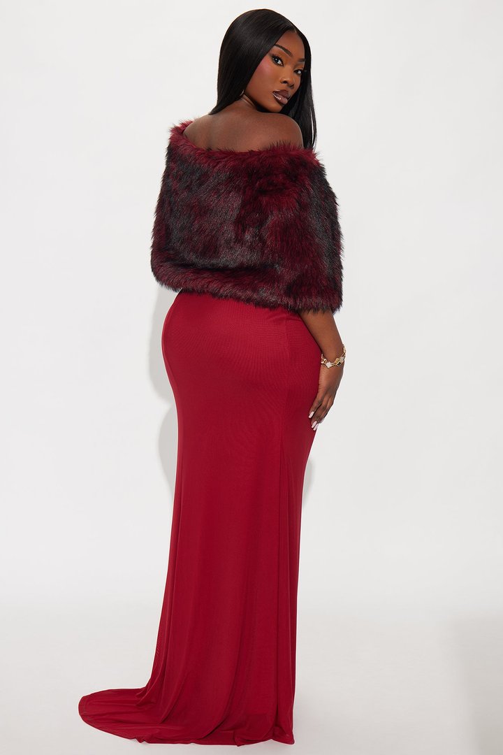 Glam Theory 2 Piece Faux Fur Gown - Burgundy