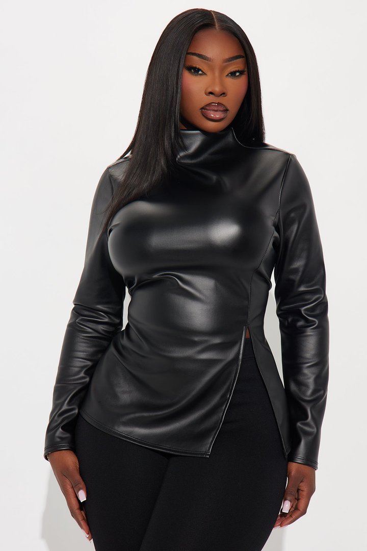 Oak Faux Leather Long Sleeve Top - Black