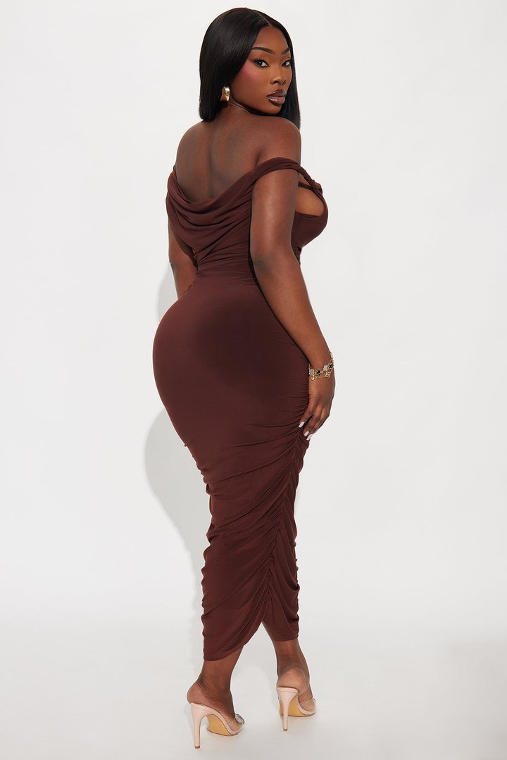 Blind Date One Shoulder Midi Dress - Chocolate