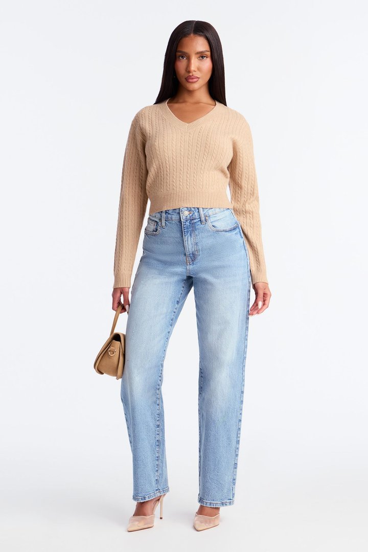 Frosty V Neck Cable Knit Sweater - Khaki