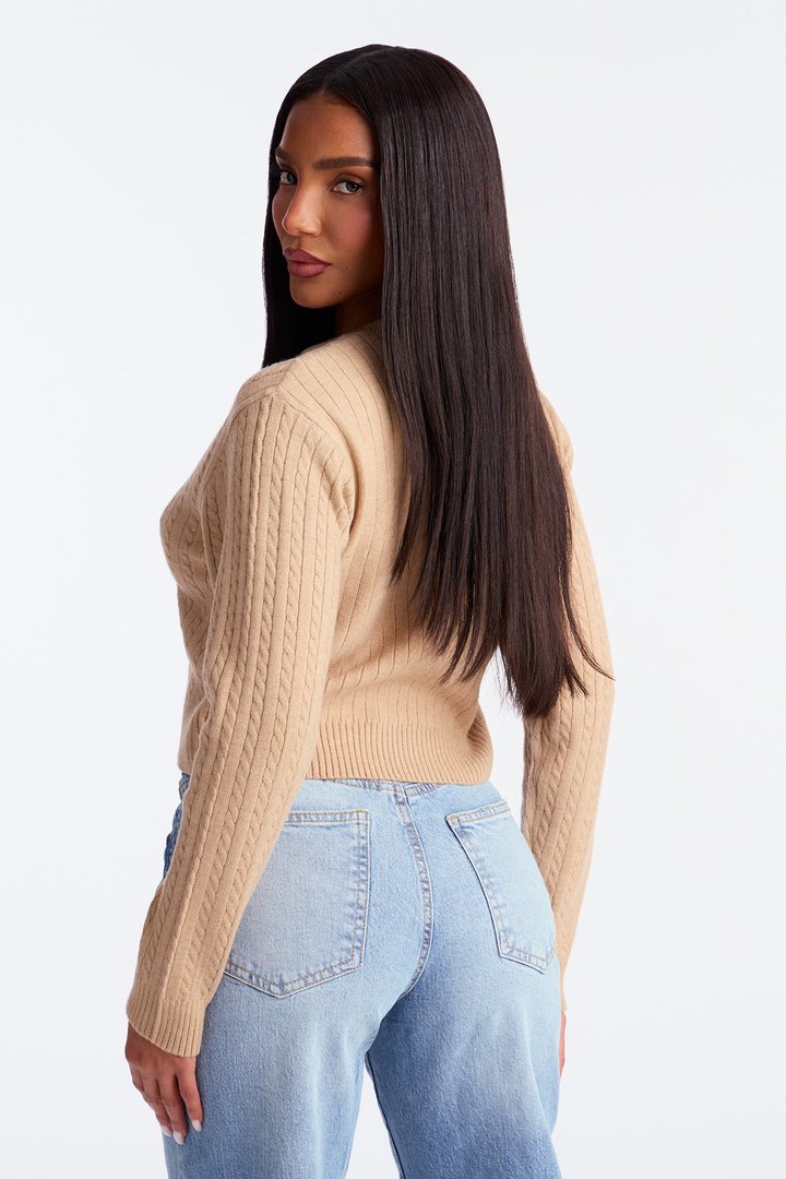 Frosty V Neck Cable Knit Sweater - Khaki