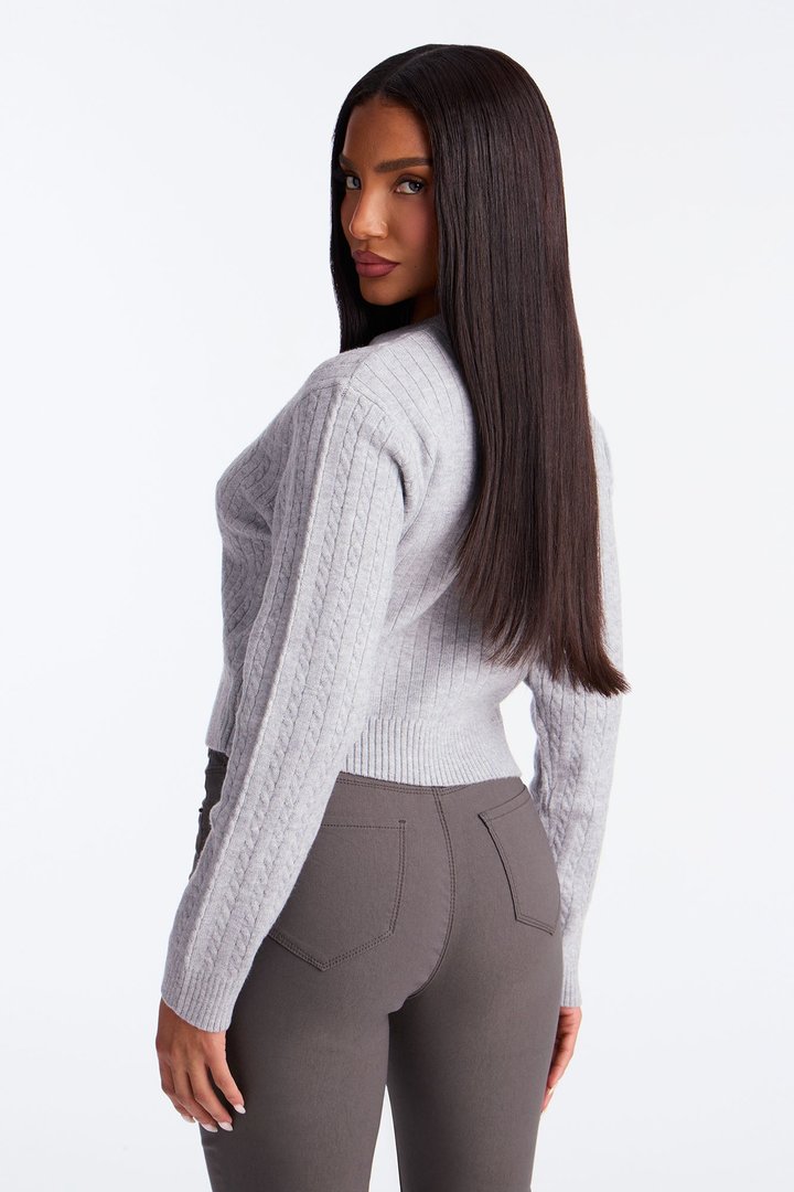 Frosty V Neck Cable Knit Sweater - Heather Grey