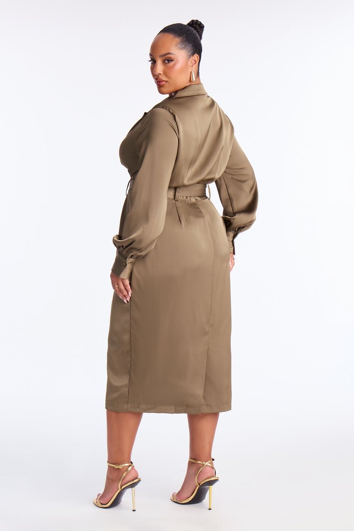 Braylynn Belted Satin Midi Dress - Sage