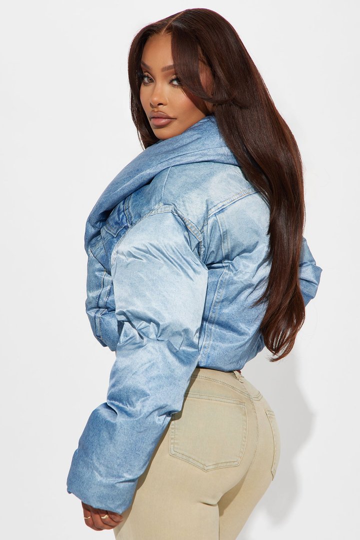 Jenna Cropped Faux Denim Puffer Coat - Denim