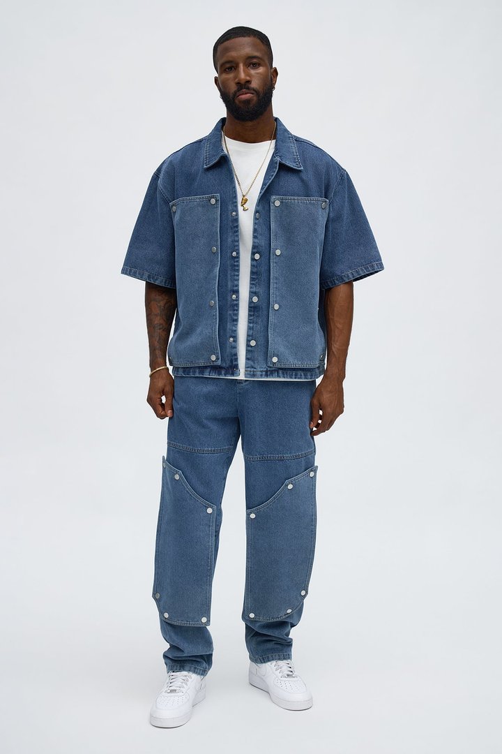Boxy Utility Snap Panel Button Up Shirt - Dark Wash