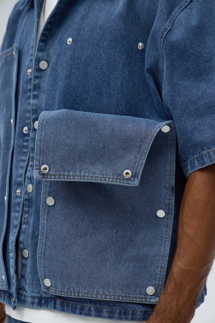 Boxy Utility Snap Panel Button Up Shirt - Dark Wash