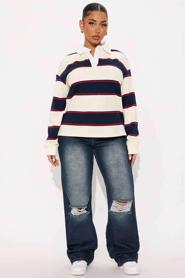 East Coast Rugby Stripe Polo Top - Cream/combo