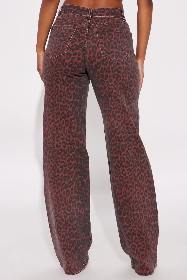Fierce Attitude Leopard Print Wide Leg Jeans - Burgundy/combo