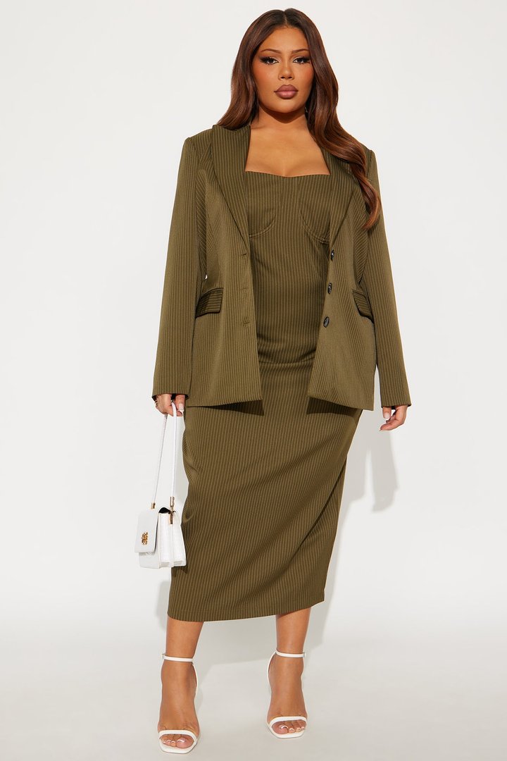 Piper Pinstripe Blazer & Midi Dress Set - Olive