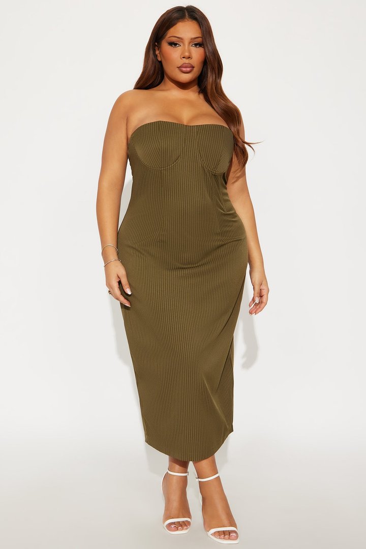 Piper Pinstripe Blazer & Midi Dress Set - Olive