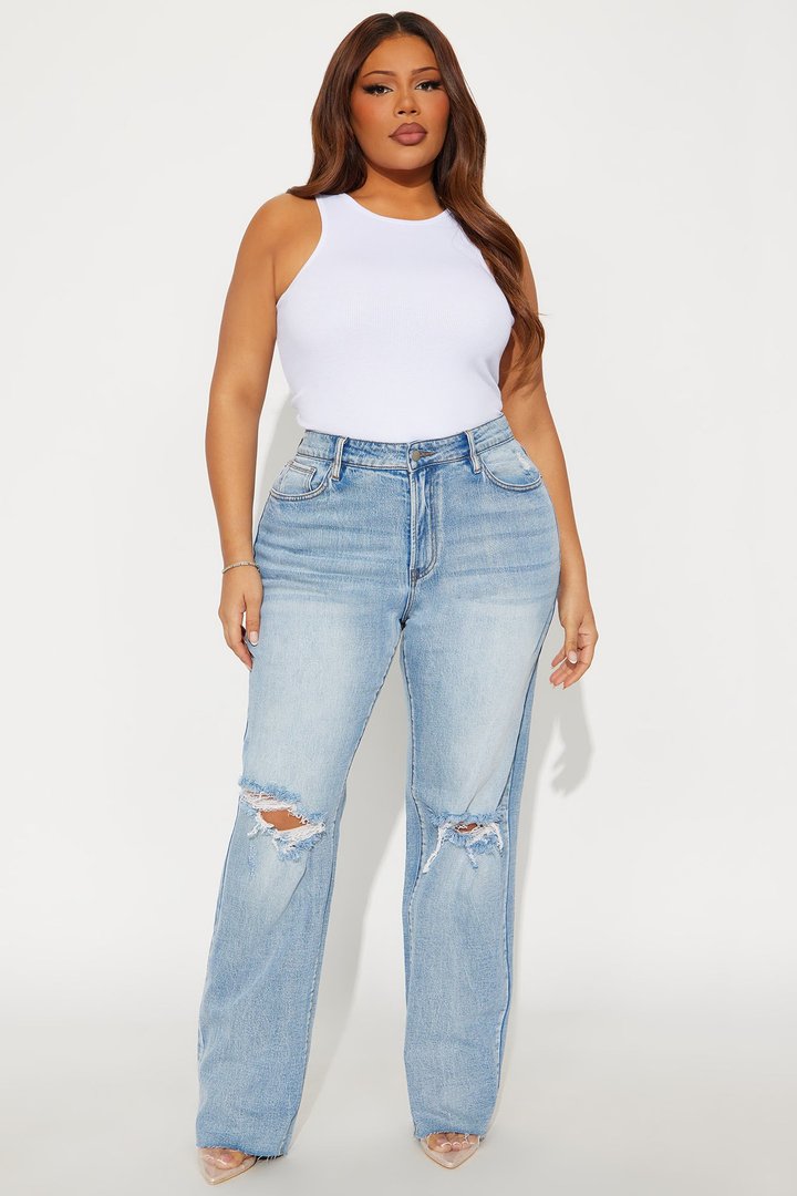 A Secret High Rise Ripped Stretch Straight Leg Jeans - Light Wash