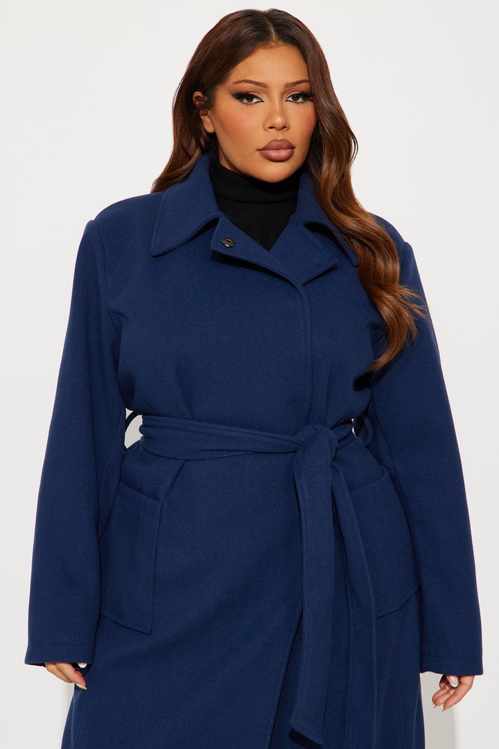 Executive Decision Belted Power Shoulder Coat - Navy