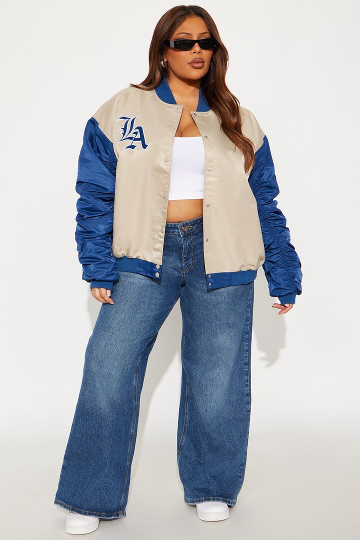 LA Hustle Oversized Ruched Bomber Jacket - Navy/combo