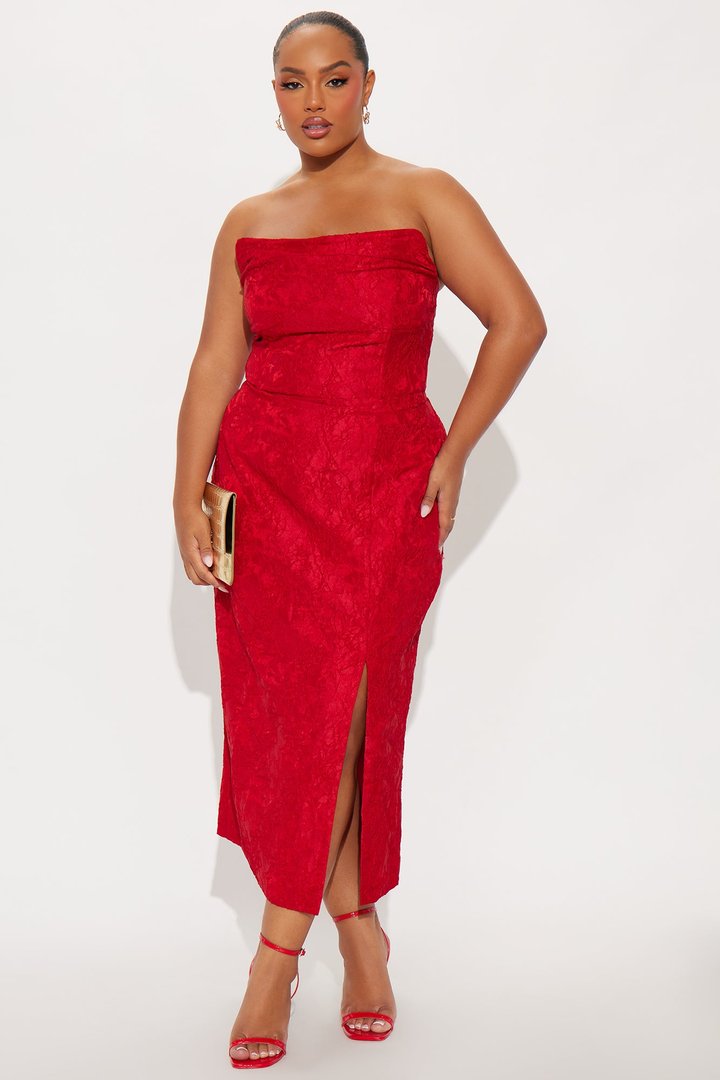 Scarlett Strapless Floral Jacquard Midi Dress - Red