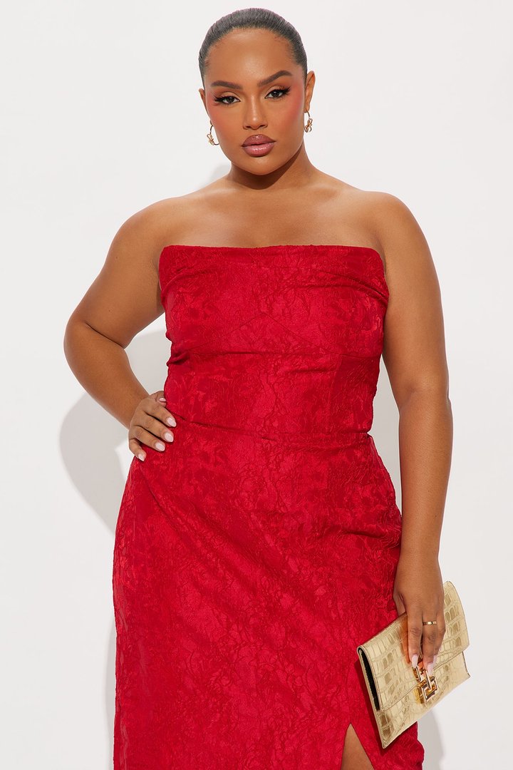 Scarlett Strapless Floral Jacquard Midi Dress - Red
