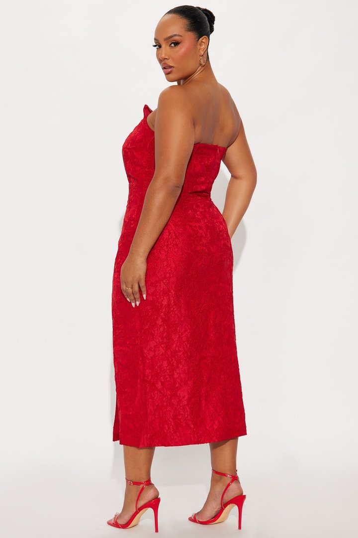 Scarlett Strapless Floral Jacquard Midi Dress - Red