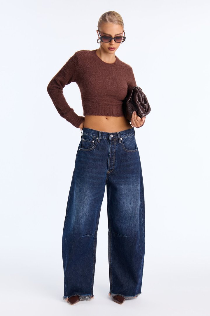 Alayna Crew Neck Fuzzy Sweater - Brown