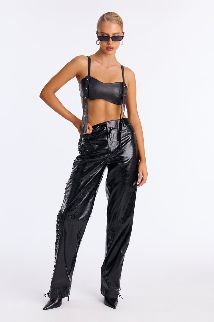 Claim To Fame Faux Leather Lace Up Pant 33″ - Black