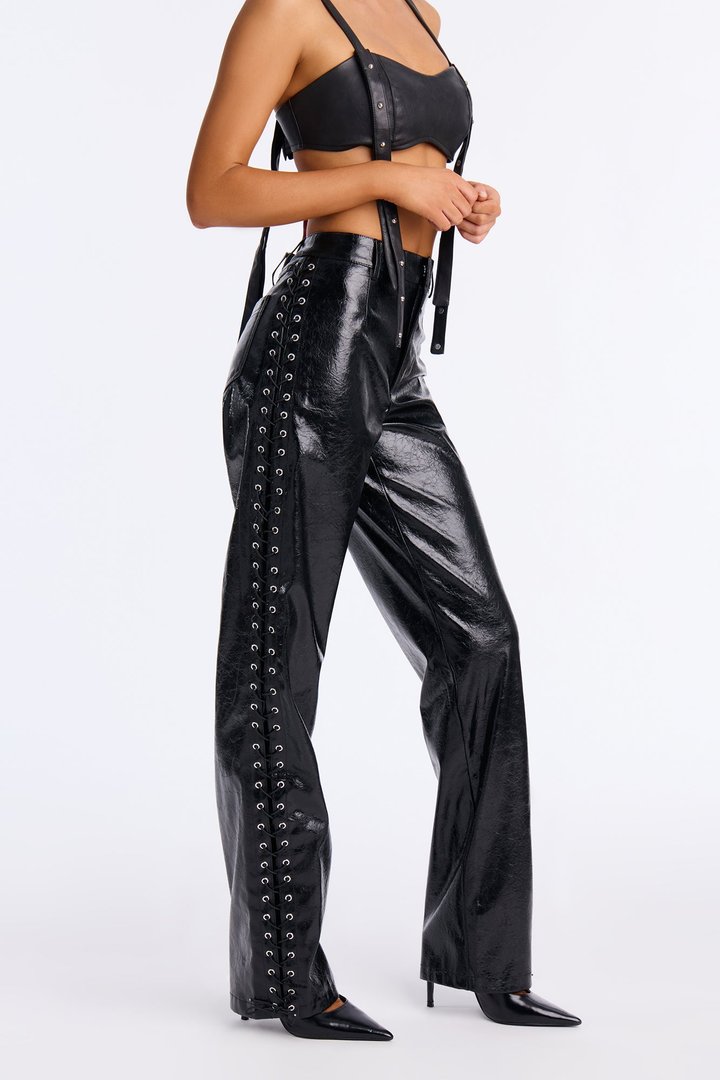 Claim To Fame Faux Leather Lace Up Pant 33″ - Black
