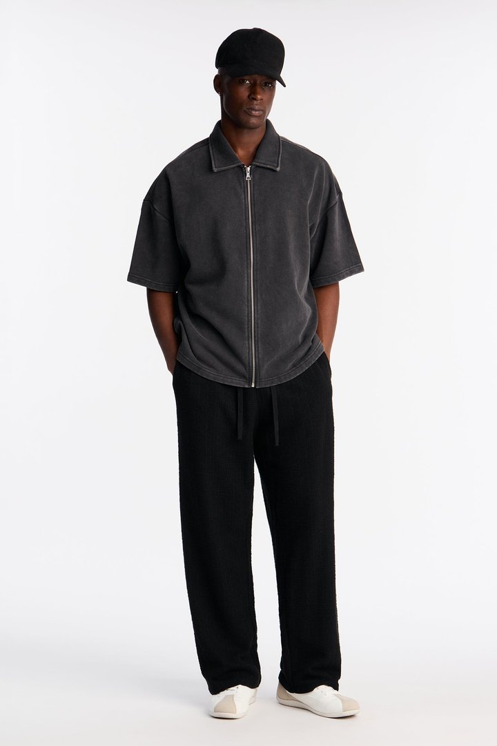 Heavy Wash Oversized Full Zip Polo - Black